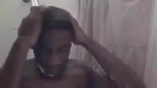 Hot black stud jerks off in the shower